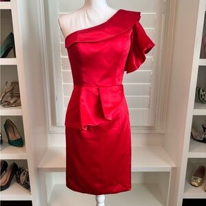 Red One-Shoulder Ruffle Satin Cocktail Dress – Size Medium